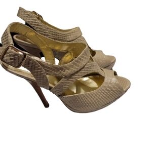 CHARLES DAVID HEELS platform heels snakeskin open toe glam tan wedding Mob Wife